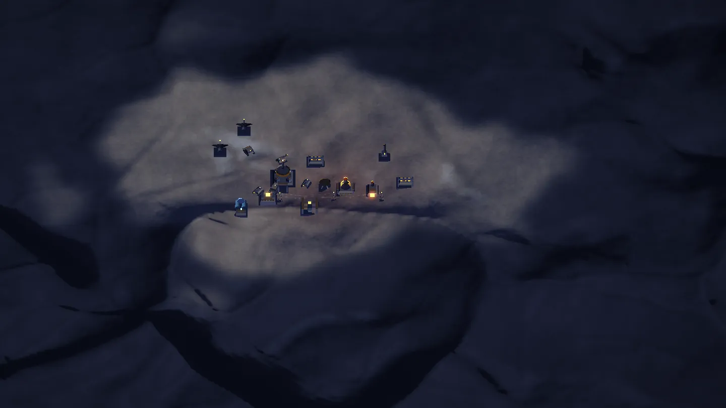 A moon at twilight seen from above. Almost the entire frame is dark blue-grey frozen rock. In the middle, a patch of ground perhaps a few hundred metres across is lit warm orange, and inside it stand a dozen small machines with lamps burning, linked by a thin cable.