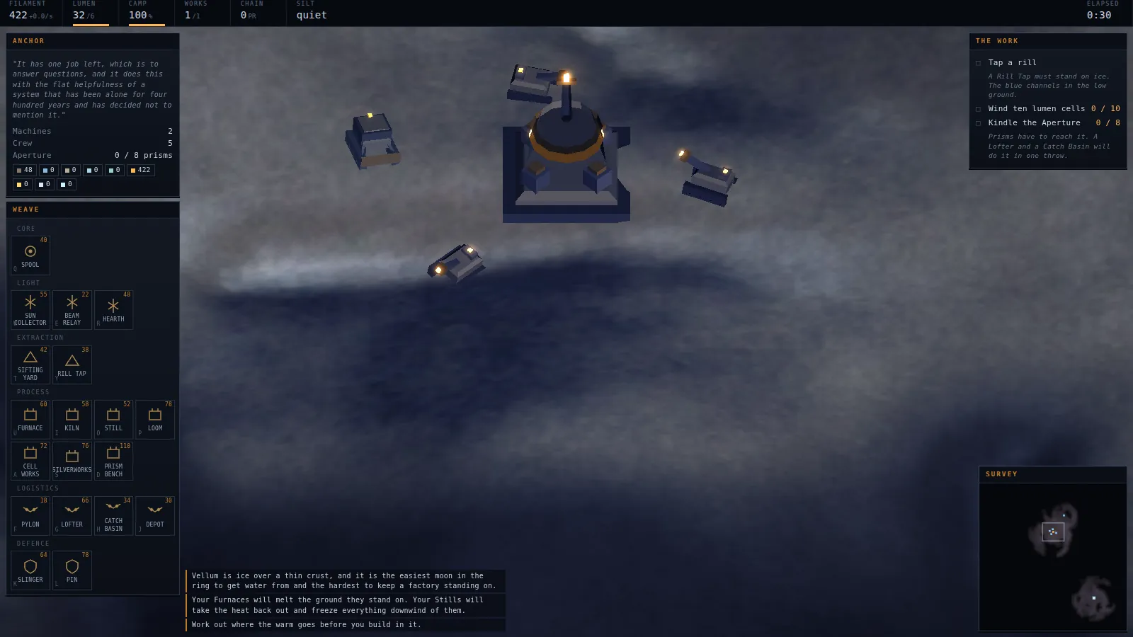 An ice moon at twilight. A squat drum-shaped Anchor with a lit ring stands on pale blue-grey ground with four small vehicles around it.