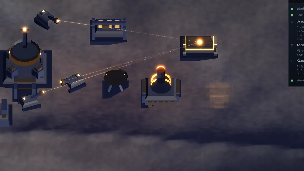Three small tracked vehicles pointing beams of amber light at a half-finished building. The building exists from the ground up to the height the beams have reached, and above that line there is nothing.